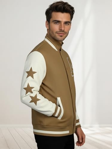 Image of CHKOKKO Men's Regular Varsity Jacket with Snap Button Closure and Patch Design Trendy Comfortable Outerwear for College Travel and Casual Wear