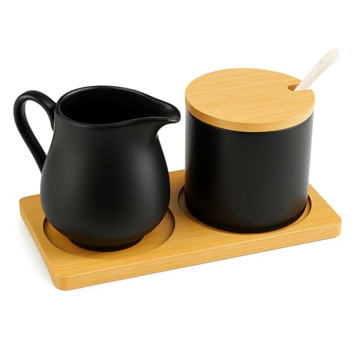 Milk and Sugar Set with Lid and Spoon, Milk Jug Black Ceramic and Sugar Bowl with Wooden Tray, Dishwasher and Microwave Safe