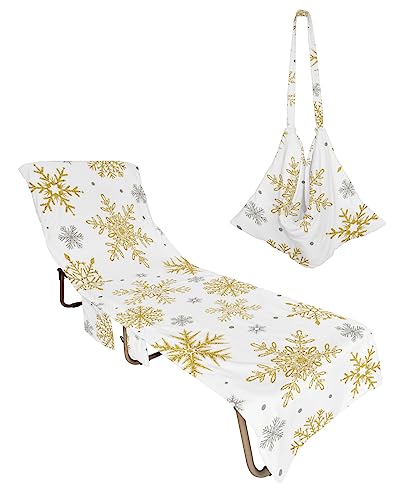 Xmas Gold Grey Snowflake, Beach Lounge Chair Towel Cover, Soft Chaise Lounge Towel with Side Pockets Patio Pool Chairs Cover for Beach/Pool Sunbathing 29x85 Merry Christmas Winter Holiday