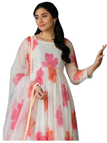 Image of ANNI Designer Kurta Sets for Women Chanderi Cotton Printed | Kurti Set for Woman | Anarkali Kurta Pant Dupatta Set | 3 Piece Set Women | Round Neck 3 /4 Sleeve Suit Set Stylish Ethnic Outfit Clothing
