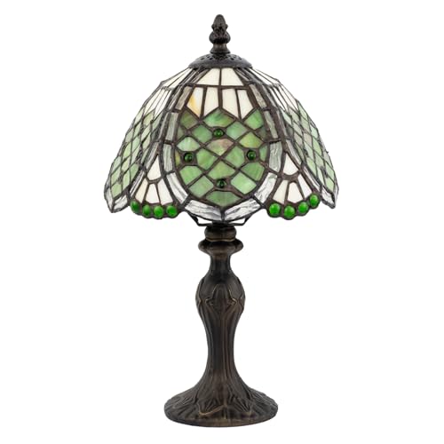 Classic Hand Crafted Round Beaded Tiffany Table Lighting Lamp in Toned Green | 36cm Height | Inline Cable Switch by Happy Homewares