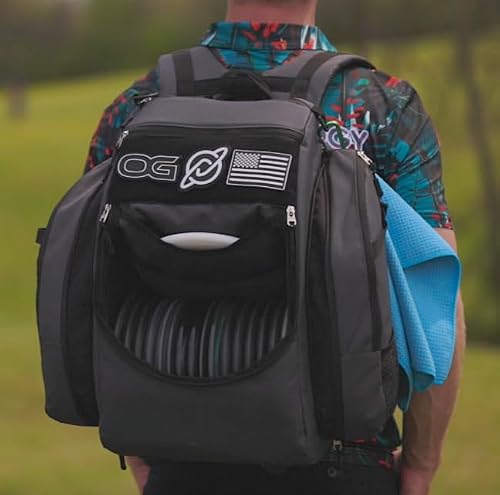 Discology Disc Golf Og V2 Grey & Black Disc Golf Bag | 26+ Disc Capacity | Premium Disc Golf Backpack Bag | Tough, Durable Design | 2 Large Side Compartments | Two Patches Included - Flag Patch Not Included #TOP5