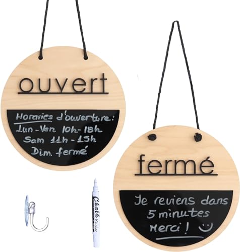 Smile BB - Panneau Fermé Ouvert avec Tableau Noir et Bois Naturel pour les Magasins, Entreprises, Panneau heures d'ouverture
