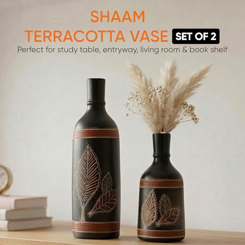 Image of Aakriti Art Creations Vase Earthen Black Bottle Madhubani Set of 2 | Floral Art Hand-Painted Terracotta Flower Vases | Matte Finish Decorative Vases for Living Room, Table Decor & Gifting