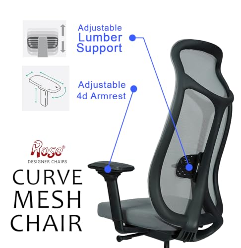 Image of ROSE Curve Premium Office Chair | High Back | Mesh Ergonomic Home Office Desk Chair with 4D Adjustable Armrests | Auto Wight Slider Mechansim | Ideal for Adults & Work Professionals (Grey)