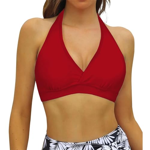 Womens Supportive Halter Padded Push Up Bikini Top Ruched Bust Hook Back Swimsuits Sexy Cute Bathing Suits Crop Top Red