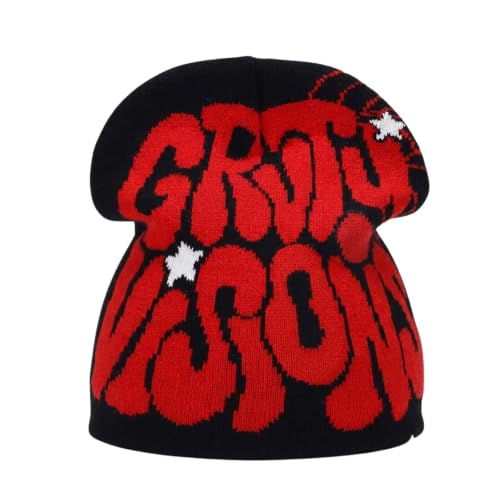 Image of Printed Beanie Hat, Beanies Y2K Winter Hats Streetwear Skull Cap Double-Layer Knitted Beanies Warm Knit Beanie, Hip Hop Streetwear Clothing