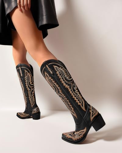 MUCCCUTE Cowboy Boots for Women Cowgirl Boots Western Knee High Pointed Toe with Classic Embroidery Side Zipper Chunky Heel Pull On Retro Country Tall Boot2