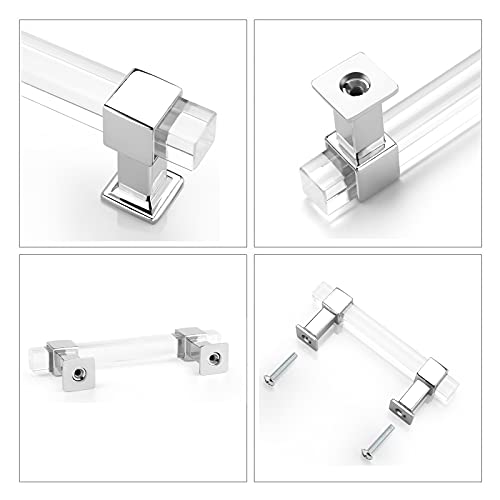 Nizado 5 Pack |5'' Cabinet Pull Clear Acrylic Drawer Handle Polished Chrome,Modern Square Dresser Pull Kitchen Lucite Hardware Crystal T Bar Style #TOP3