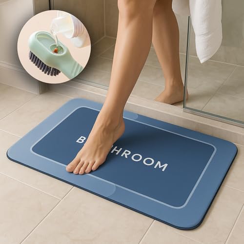 SHONA Tapis de bain Pierre Antidérapant Absorbant en Diatomite pour Salle de Bain 40 x 60 cm, Comprend Brosse de Nettoyage avec Doseur, Tapis à Séchage Rapide Lavable, Anti-Moisissure et Anti-Odeurs
