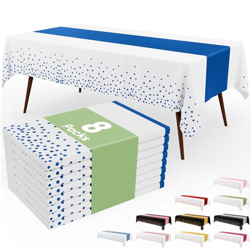 Image of Smiry Plastic Table Cloth Disposable 8 Pack, 54 x 108 Inch Rectangle Waterproof Tablecloth, Printed Gold Table Runner Style for Birthday Weeding, Party Decorations, Leakproof & Sturdy, White and Blue