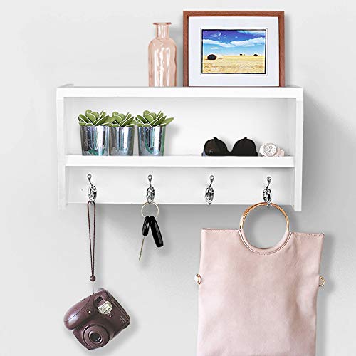 Ahdecor White Wall Mounted Entryway Shelf With Coat Hooks, Wooden Wall Organizer Coat Rack, Storage Hooks #TOP23