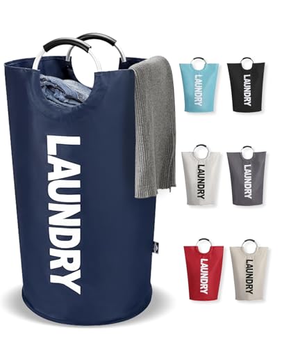 UULANFA ランドリーバスケット 82L 大容量 洗濯かご 折りたたみ 撥水加工 耐荷重15KG 取っ手付き ランドリー収納 おしゃれ 軽量 洗濯物入れ 収納袋 寝室 脱衣所 クローゼット リビング (ネイビーブルー, 82L)