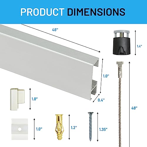 Image of AS Hanging 8ft Gallery & Picture Rail System Set (2x4ft Rails) Matte Silver Aluminum & 4 Steel Wires | 40lb Max Load per Cable | Wall Hanging Hardware for Home & Office