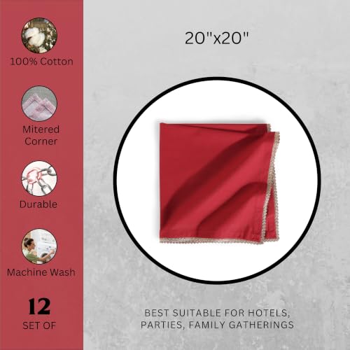 Image of FINGERCRAFT 100% Cotton Cloth Napkins Set of 12, 20 x 20 Inch Reusable Table Napkins with Golden Trim Lace, Mitered Corners, Dining Table Linen for Wedding, Festive, Restaurant & Home Use (Tango Red)