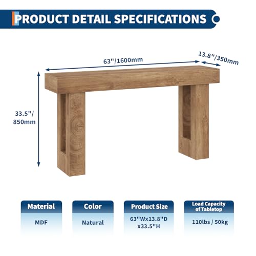63 Inch Farmhouse Console Table for Entryway, Slim Wood Sofa Side Table, Modern Minimalist Decorative Furniture for Living Room, Hallway, Front Door, Natural