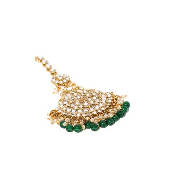 Zaveri Pearls Gold Tone Kundan & Green Beads Traditional Earring & Maangtikka Set For Women-ZPFK8540 - Image 4