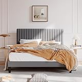 SHA CERLIN Queen Upholstered Platform Bed Frame with Vertical Channel Tufted Velvet Fabric Adjustable Headboard, Wooden Slats Support, Mattress Foundation, Box Spring Optional, Grey