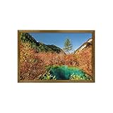 Ambesonne Nature Framed Wall Art, Idyllic Fall Landscape with a Creek Among the Forest in National Park Valley Art, Fabric Poster with Walnut Tone Wood Frame Home Dorm Decor, 35' x 23', Green Amber