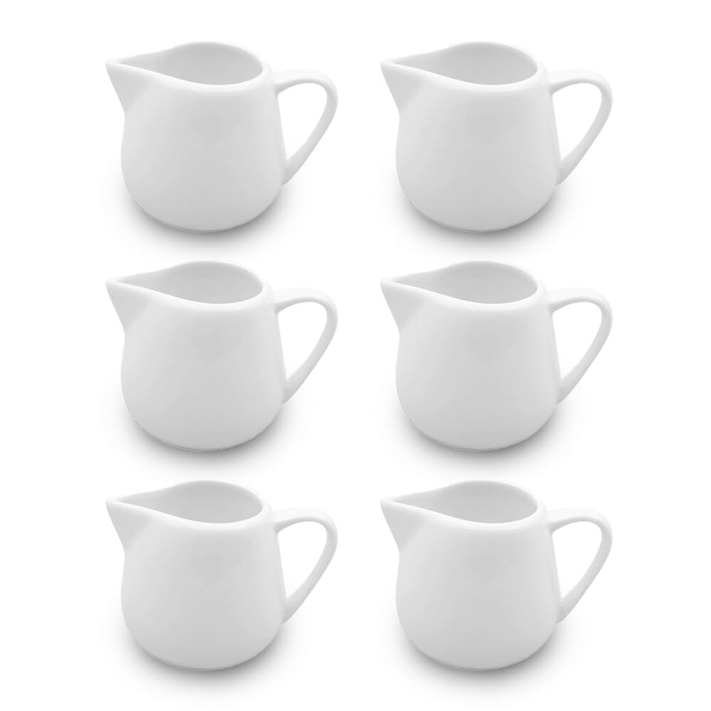 XPJBKC6-Piece 110 ml White Ceramic Milk Jug Set with Handle, Gravy & Sauce Pots, Sugar Pot, Mini Milk Pourer & Syrup Server
