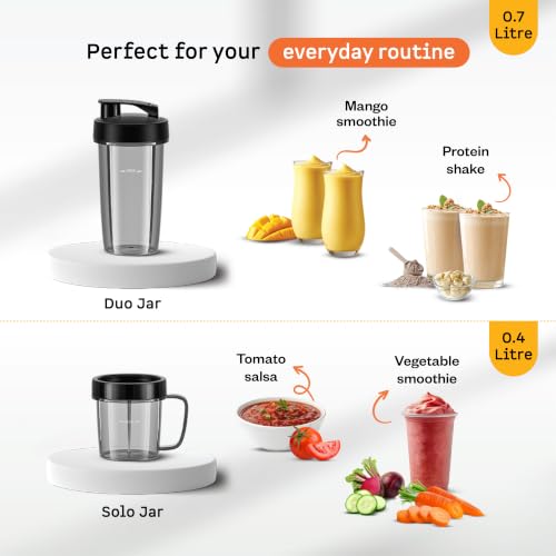 Image of Atomberg Blend and Carry Jar | 0.7 L Duo | 0.4 L Solo | Compatible with all Atomberg Mixer Grinders | Hands-Free Operation | Ideal for Shakes, Smoothies, Dips & Sauces | Shake. Sip. Store.