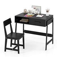 COSTWAY Kids Desk and Chair Set, Wooden Children Study Table with Drawer, Storage Hutch, Student Writing Desks for Boys Girls