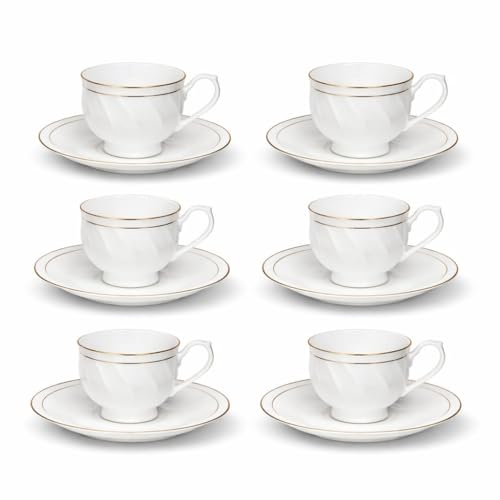 Image of Luxury Fine Bone China White Tea Cup & Saucer Set of 12 - Elegant Gold Line - 160 ML