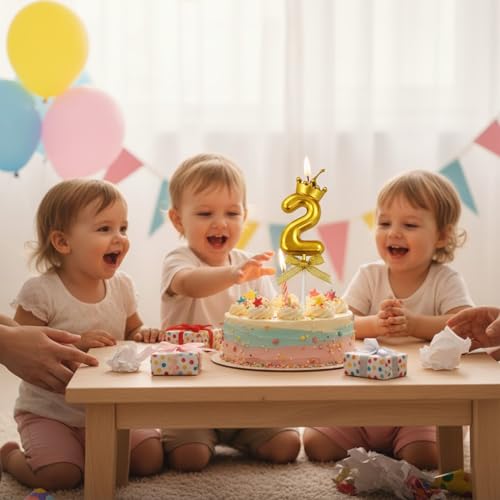Image of Rozi Decoration Number 2 Birthday Candle for Cake with Crown Design | Gold Metallic Number Candle with Stick | Second Birthday Cake Topper for Baby, Kids and Family Celebration