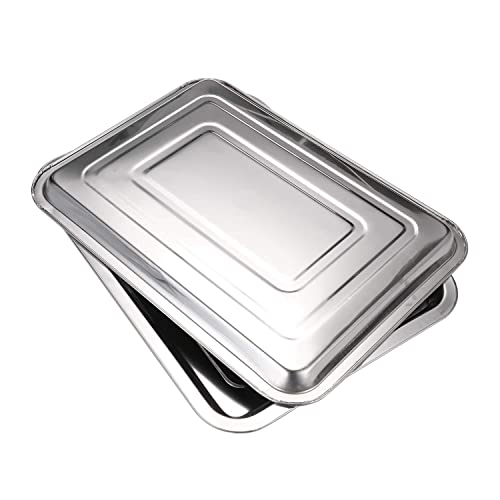 Stainless Steel Trays,DOWEI 2 Pack Stainless Steel 13.5" X 10" Dental Medical Body Piercing Instrument Tray Surgical Flat Bottom Trays for Lab Supplies