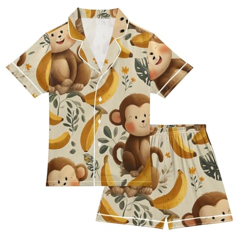 Satin Pajama Sets Short Sleeve Cute Monkey Banana Leaf Button Down Silky Nightwear 2 Piece PJS 5Y,