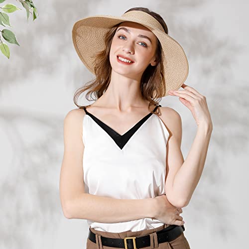Womens Wide Brim Sun Hat Women Sun Protection Packable Roll Up Straw Sun Visor Hat For Women Summer Sun Hat For Women Foldable Beige/Brown #TOP1