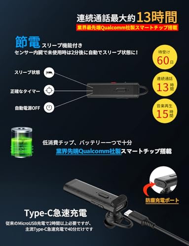 【軽薄型】Glazata 日本語音声 片耳 ワイヤレスイヤホン Bluetooth Qualcomm社製スマートチップ搭載【aptX & aptX HD、SBC・AAC対応 デュアルマイク通話設計 ENCノイズ低減技術 ミュート/SIRI搭載 】 急速充電スマートチップ搭載、 MEMS高感度マイク内蔵，Scms-t，ガラケー、iOS, android, Windows対応 「黒」 商品画像3
