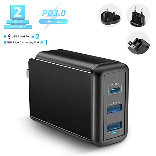 Rocketek Caricabatterie USB C, Caricabatterie 60 W a 3 Porte con Caricatore PD Tipo C per Mac Book PRO/Air, iPad PRO, dell, Lenovo, Phone11 / PRO/Max/XR/XS/X, Galaxy, Pixel e Altro