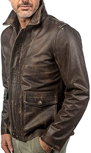 Vintage Brown Raiders of The Lost Ark distressed Leather Jacket,Harrison Ford American Bomber Leather Coat3
