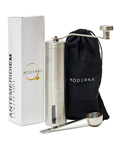 Moderna Manual Coffee Spice and Herb Grinder Travel Set, Adjustable Ceramic Conical Burr Mill, Heavy Duty Brushed Stainless Steel