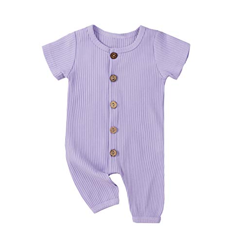 Newborn Unisex Baby Girl Boy One-Piece Romper Short Sleeve Solid Ribbed Bodysuit Jumpsuit Onesie Summer Outfit (Purple, 0-6 Months)