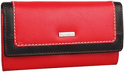 STARHIDE Ladies Purse Women RFID Blocking Genuine Leather Flap Over Long Clutch Wallet 5560 (Red Black)