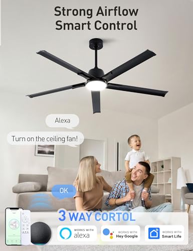 62 Inch Smart Outdoor Ceiling Fan with Light,5 Black Aluminum Blades - image 2