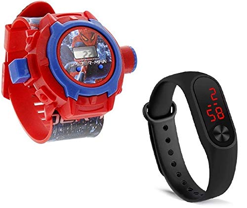 LEMONADE Pack of 2 - Enfants Unisexes préférés Spiderman 24 Bande de projecteur de caractère & M3 Digital LED Montre-Bracelet à Bande