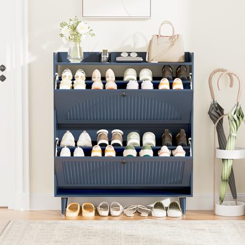 Image of Shoe Storage Cabinet with 2 Flip Drawers, Shoe Organizer Storage with Adjustable Shelves, Freestanding Hidden Slim Narrow Shoe Rack Cabinet for Entryway, Hallway