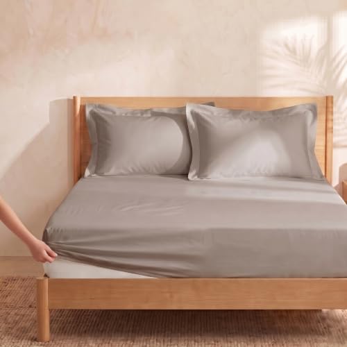 Image of Huesland 300 TC Premium 100% Pure Cotton Luxe Soft Touch Fitted Single Size Bedsheet Cotton with 2 Pillow Covers | Perfect Greige | 36 x 78 Inches