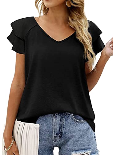 NLAND Manga Corta Informal con Cuello En V Camiseta De Verano para Mujer Top De Manga Corta con Volantes En Color Liso（Negro，M