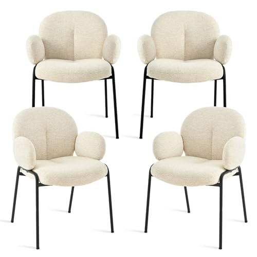 Goeurvant Esszimmerstühle 4er Set Beige mit Armlehne - Moderne Polsterstühle mit Hoher Lehne,Metallgestell,Höhenverstellbare Füße,Leinen Küchenstühle für Wohnzimmer,Esszimmer,Schlafzimmer