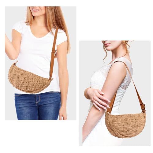 Straw Crossbody Bag Woven Purse for Women – Handmade Crochet Shoulder Bag, Summer BeachBag Vacation Straw Purse,Beige Brown2