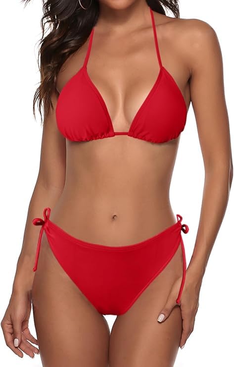 Women String Bikini Set Halter Side Tie Two Piece Swimsuit Triangle Bathing Suits Non Padded