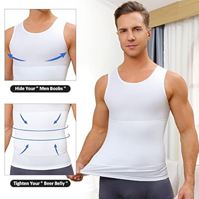 Mens Compression Shirt Workout Tank Tops Slimming Body Shaper Vest Abs Abdomen Undershirts (White, Large)