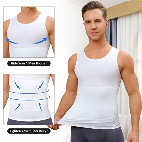 Mens Compression Shirt Workout Tank Tops Slimming Body Shaper Vest Abs Abdomen Undershirts (White, Large) #TOP2