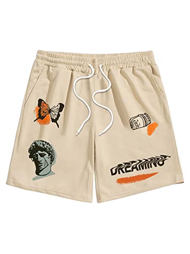 Gorglitter Men's Cool Graphic Print Drawstring Elastic Waist Track Shorts With Pockets Khaki Nedium #TOP6