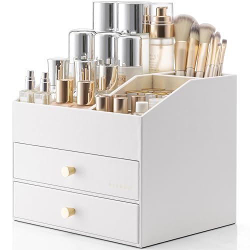 Vlando Make up Organizer mit 3 Schubladen, Schminktisch Organizer, Kosmetik Organizer, Schmink Organizer für Badezimmer, Dresser Skincare, Weiß