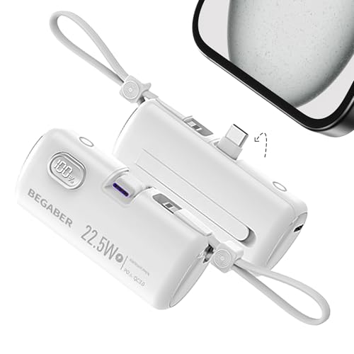 BEGABERモバイルバッテリー 軽量 小型 iPhone 15/16 6000mAh大容量 PD&3A急速充電 タイプC端子一体型 コードレス 直差し スマホ充電器 折りたたみ式タイプC端子 iPhone 14ケーブル内蔵 LCD残量表示 持ち運び充電器 機内持ち込み PSE認証済 iPhone/iPed/Android各種対応 P101 (ホワイト)